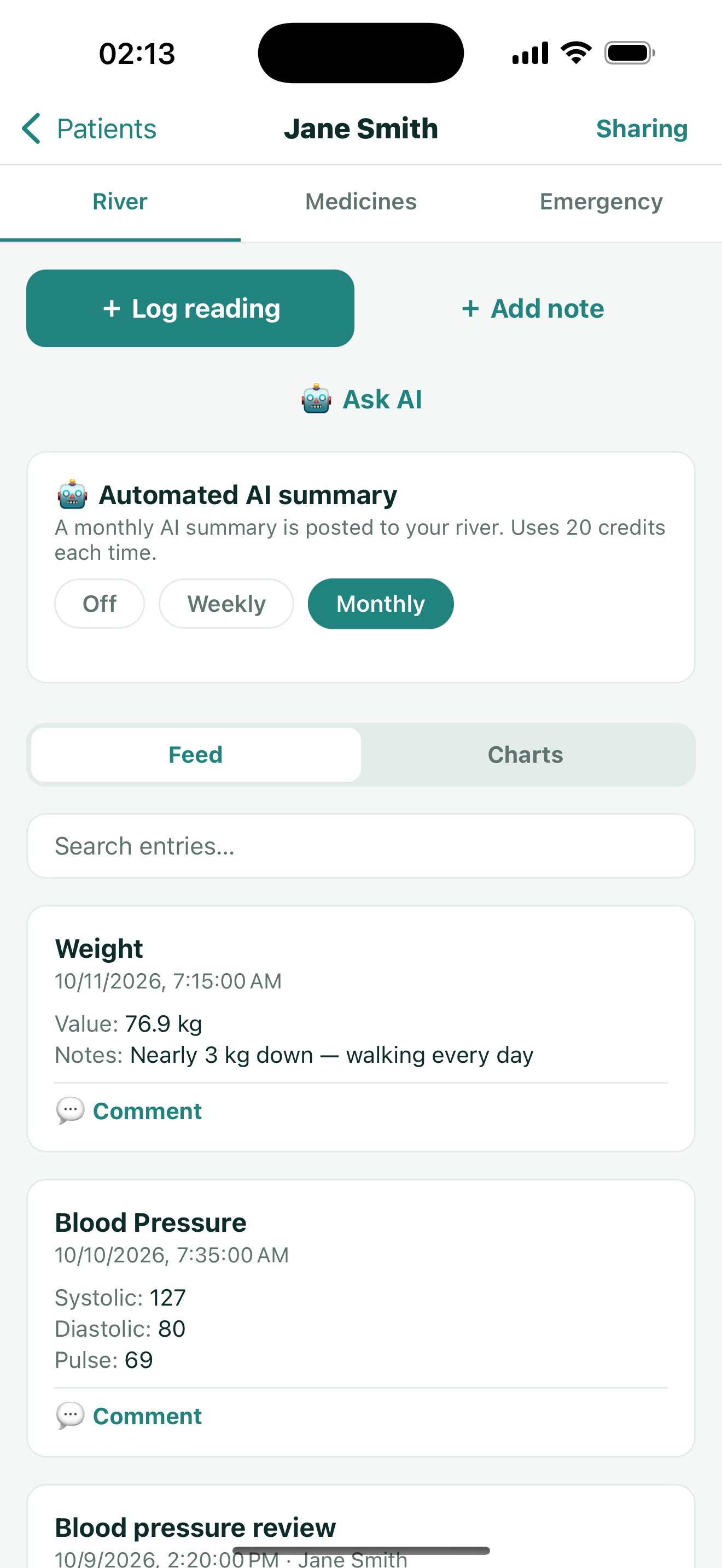 Actual OmniHealth Health River showing readings and monthly AI summary controls