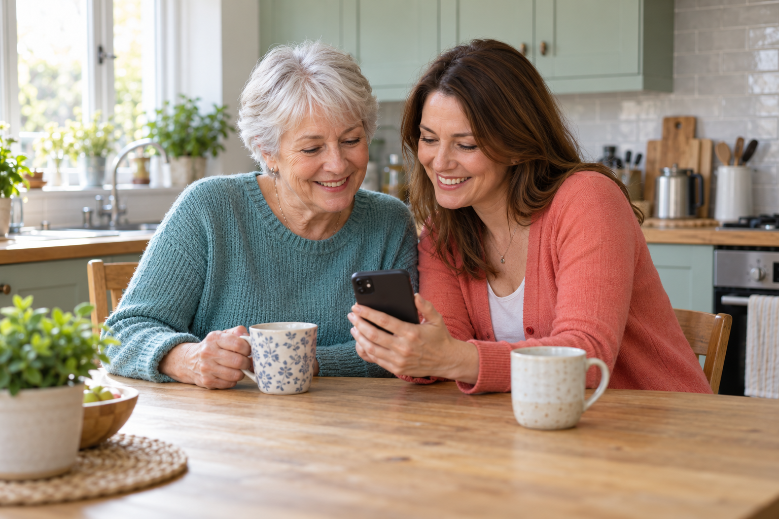 Illustrative image of a British mother and adult daughter sharing a relaxed moment at home